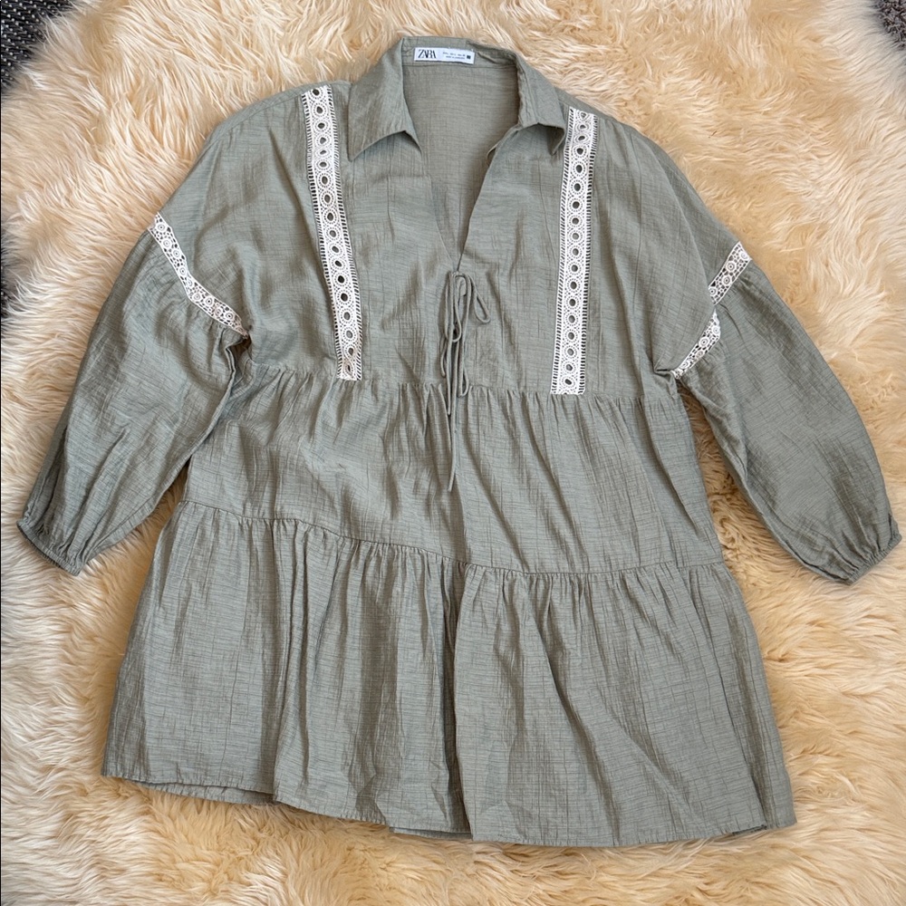 Zara Olive Dress/Tunic with Eyelet Trim